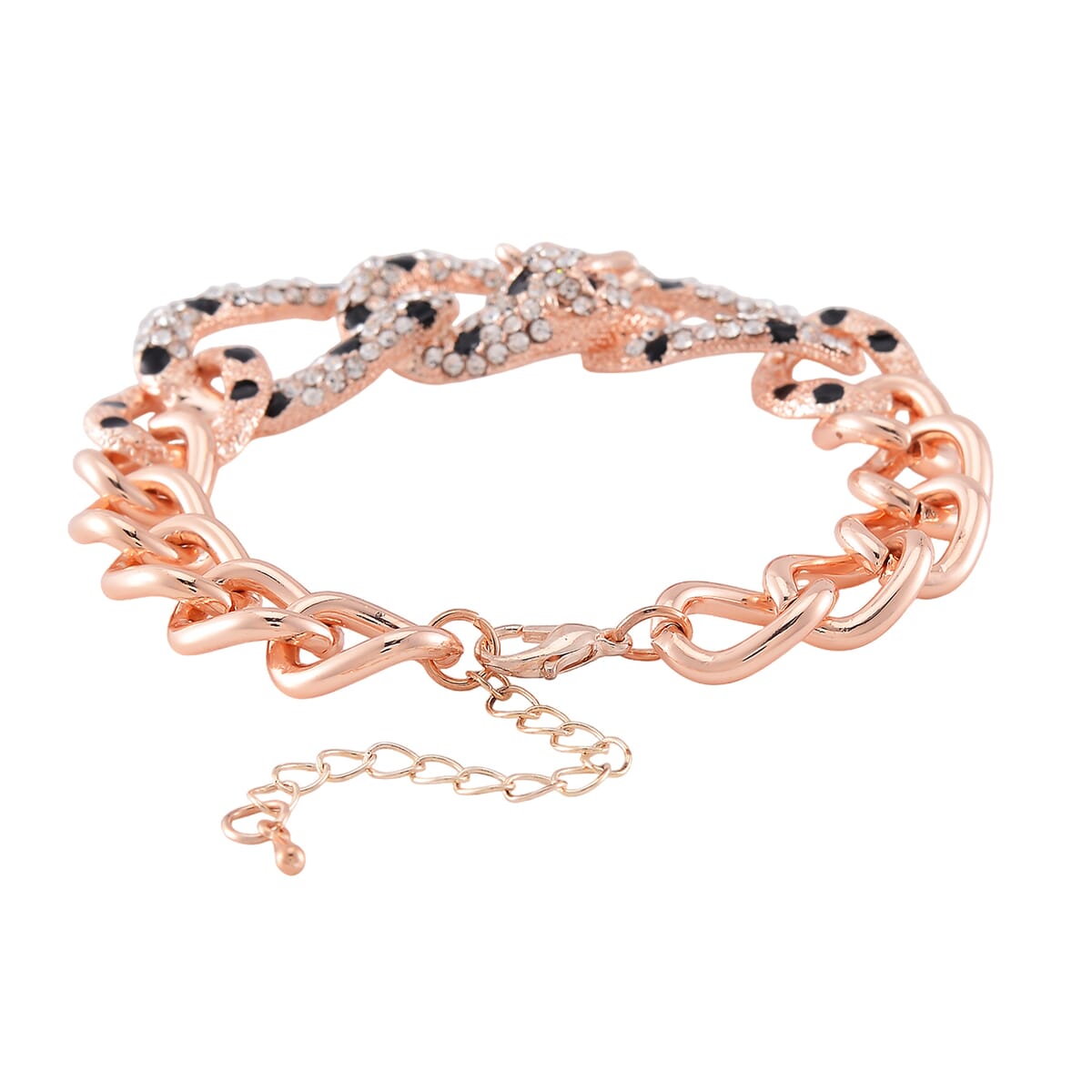 Value Buy Black and White Austrian Crystal and Enameled Cuban Link Chain Panther Bracelet in Rosetone (8.0-10In) image number 2