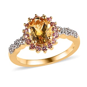 Premium Brazilian Heliodor and Multi Gemstone Halo Ring in Vermeil Yellow Gold Over Sterling Silver (Size 6.0) 1.50 ctw