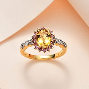 Premium Brazilian Heliodor and Multi Gemstone Halo Ring in Vermeil Yellow Gold Over Sterling Silver (Size 6.0) 1.50 ctw