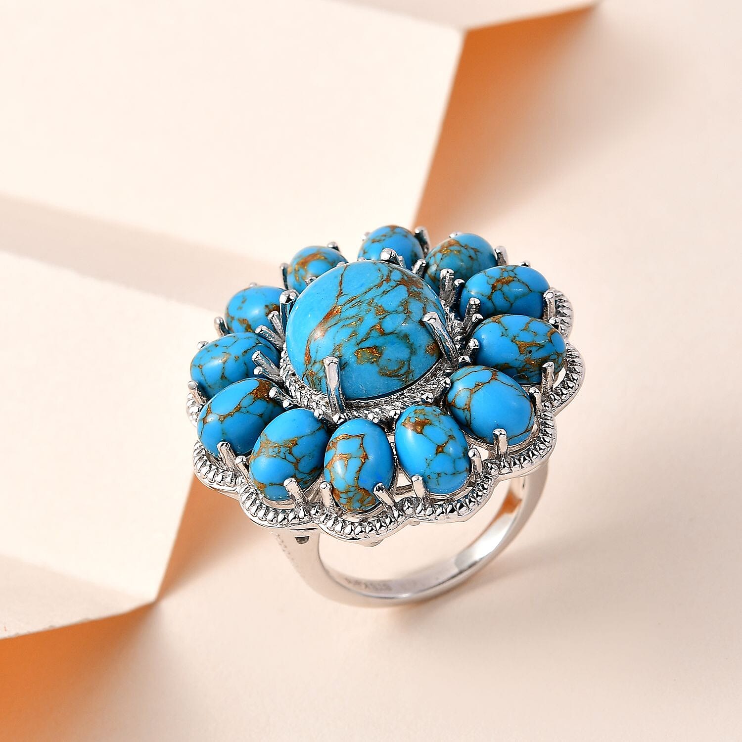 Karis Mojave Blue Turquoise 15.00 ctw Floral Ring in Platinum Bond (Size 10.0)