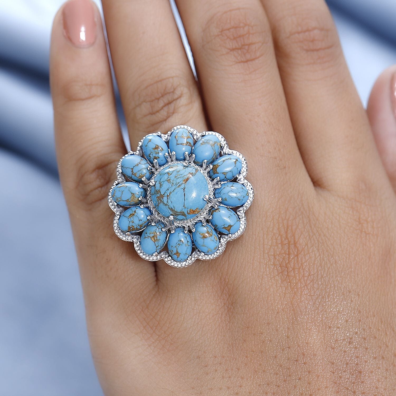 Karis Mojave Blue Turquoise 15.00 ctw Floral Ring in Platinum Bond (Size 10.0)
