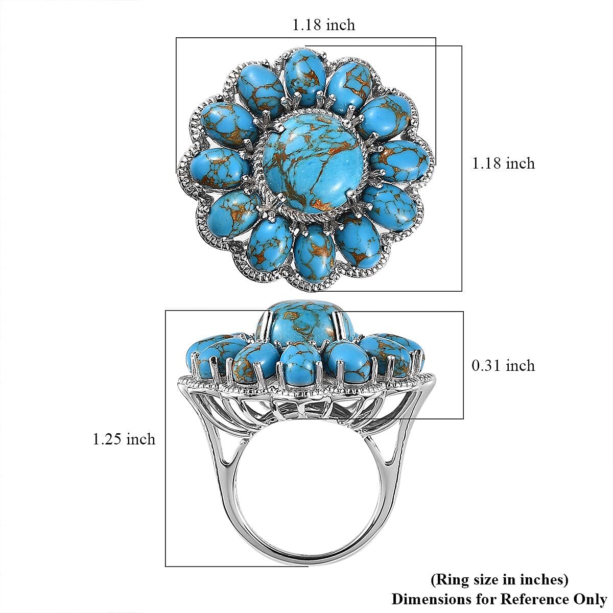Karis Mojave Blue Turquoise 15.00 ctw Floral Ring in Platinum Bond (Size 10.0)