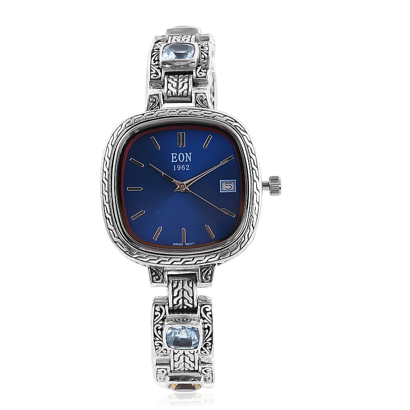 Bali Legacy Eon 1962 Multi Gemstone Swiss Movement Bracelet Watch in Sterling Silver (Up to 7.50 in) 9.00 ctw