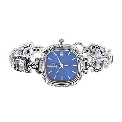 Bali Legacy Eon 1962 Multi Gemstone Swiss Movement Bracelet Watch in Sterling Silver (Up to 7.50 in) 9.00 ctw