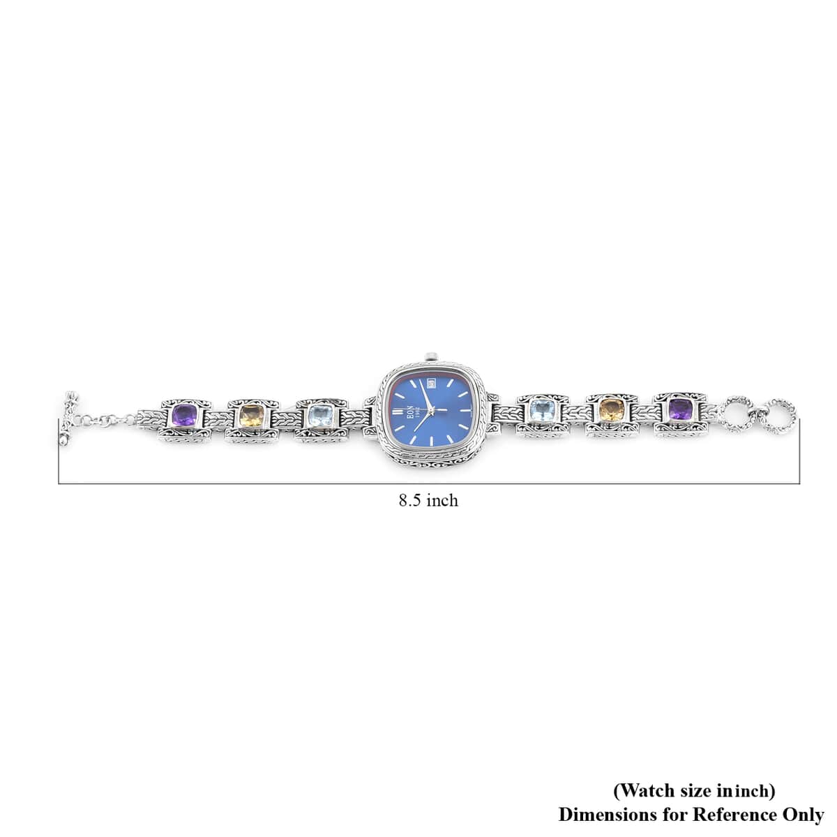 Bali Legacy Eon 1962 Multi Gemstone Swiss Movement Bracelet Watch in Sterling Silver (Up to 7.50 in) 9.00 ctw image number 6