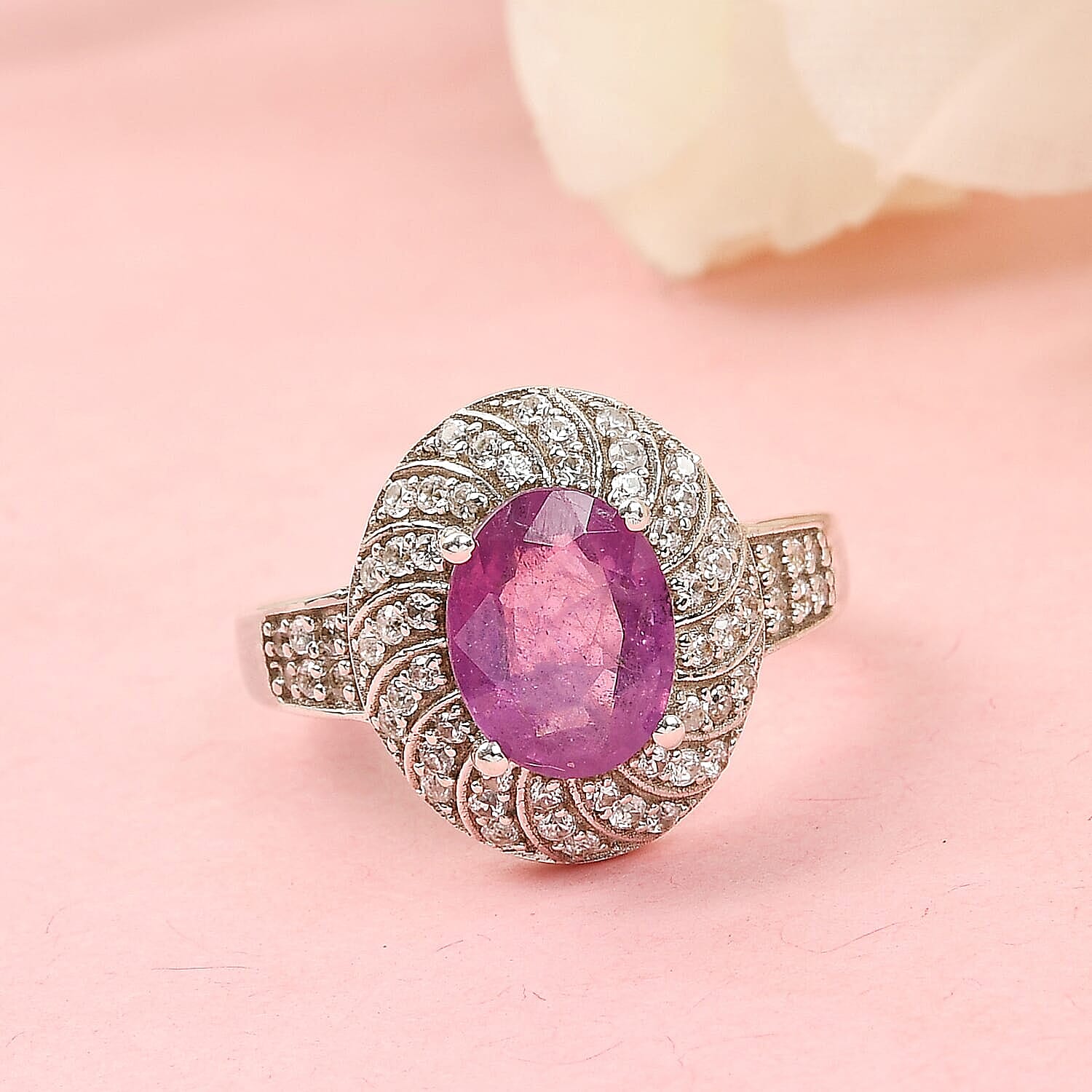 Ilakaka Hot Pink Sapphire and Zircon Cocktail Ring in Platinum Over Sterling Silver (Size 10.0) 3.15 ctw