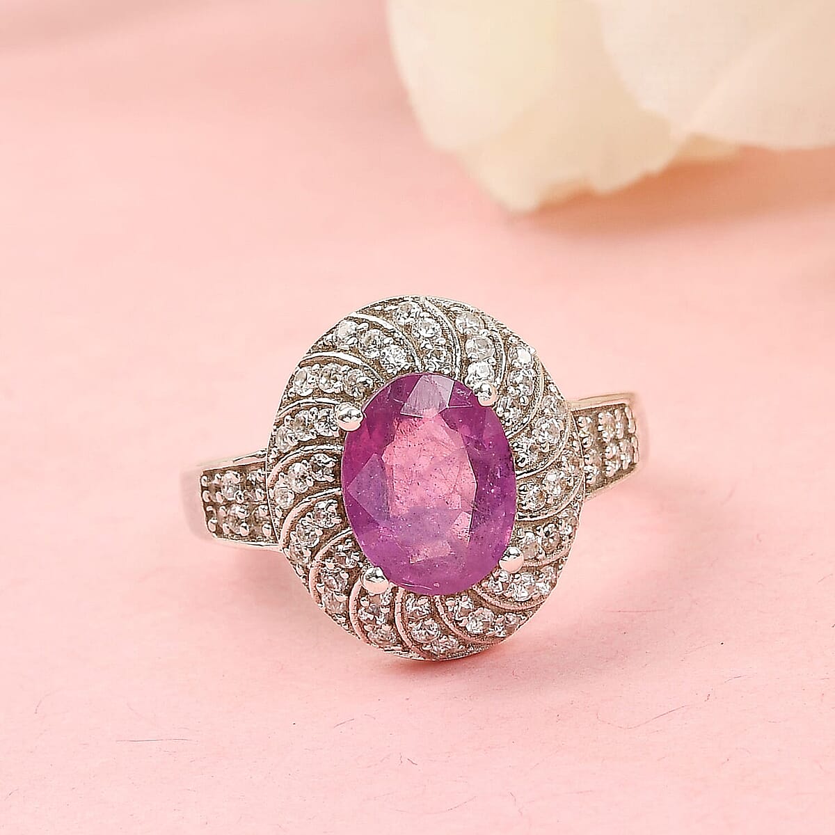 Ilakaka Hot Pink Sapphire and Zircon Cocktail Ring in Platinum Over Sterling Silver (Size 6.0) 3.15 ctw image number 1