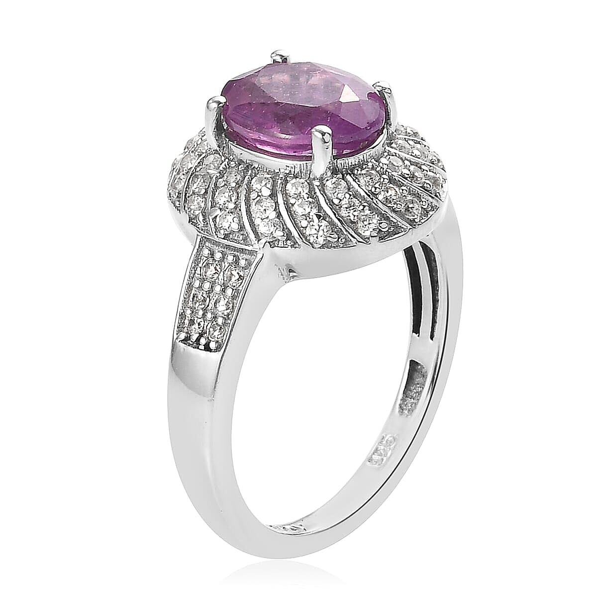 Ilakaka Hot Pink Sapphire and Zircon Cocktail Ring in Platinum Over Sterling Silver (Size 6.0) 3.15 ctw image number 3
