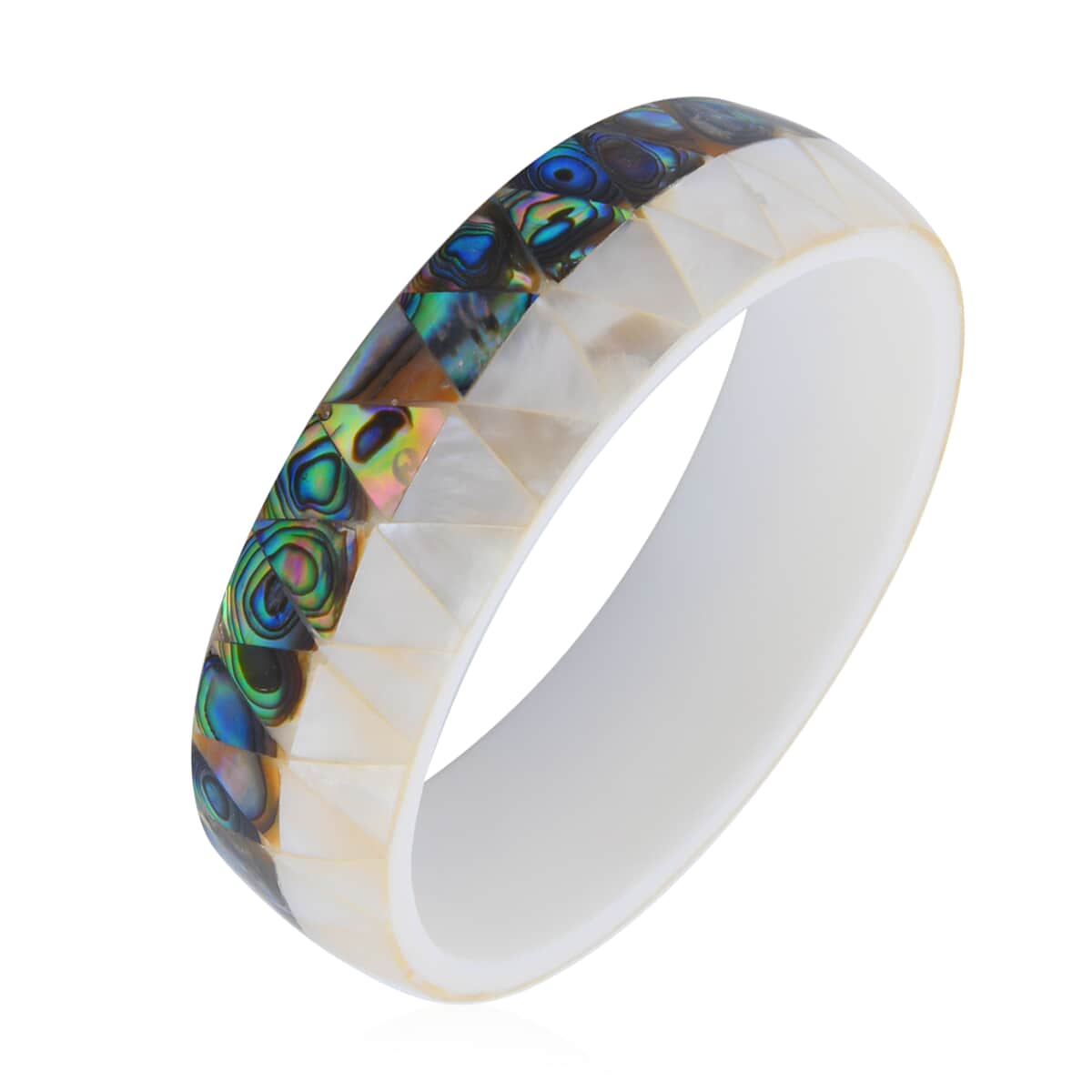 Handcrafted MOP, Coral and Abalone Shell Inlay With White Inner Resin Bangle Bracelet (7.50 in) image number 0