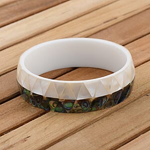 Handcrafted MOP, Coral and Abalone Shell Inlay With White Inner Resin Bangle Bracelet (7.50 in)