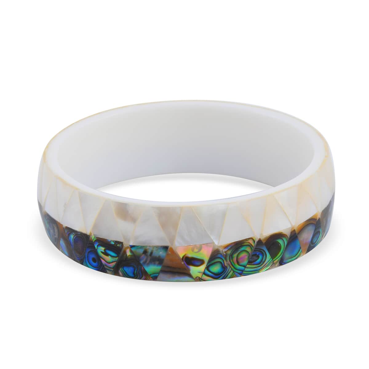 Handcrafted MOP, Coral and Abalone Shell Inlay With White Inner Resin Bangle Bracelet (7.50 in) image number 3