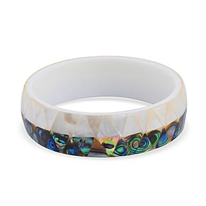 Handcrafted MOP, Coral and Abalone Shell Inlay With White Inner Resin Bangle Bracelet (7.50 in)