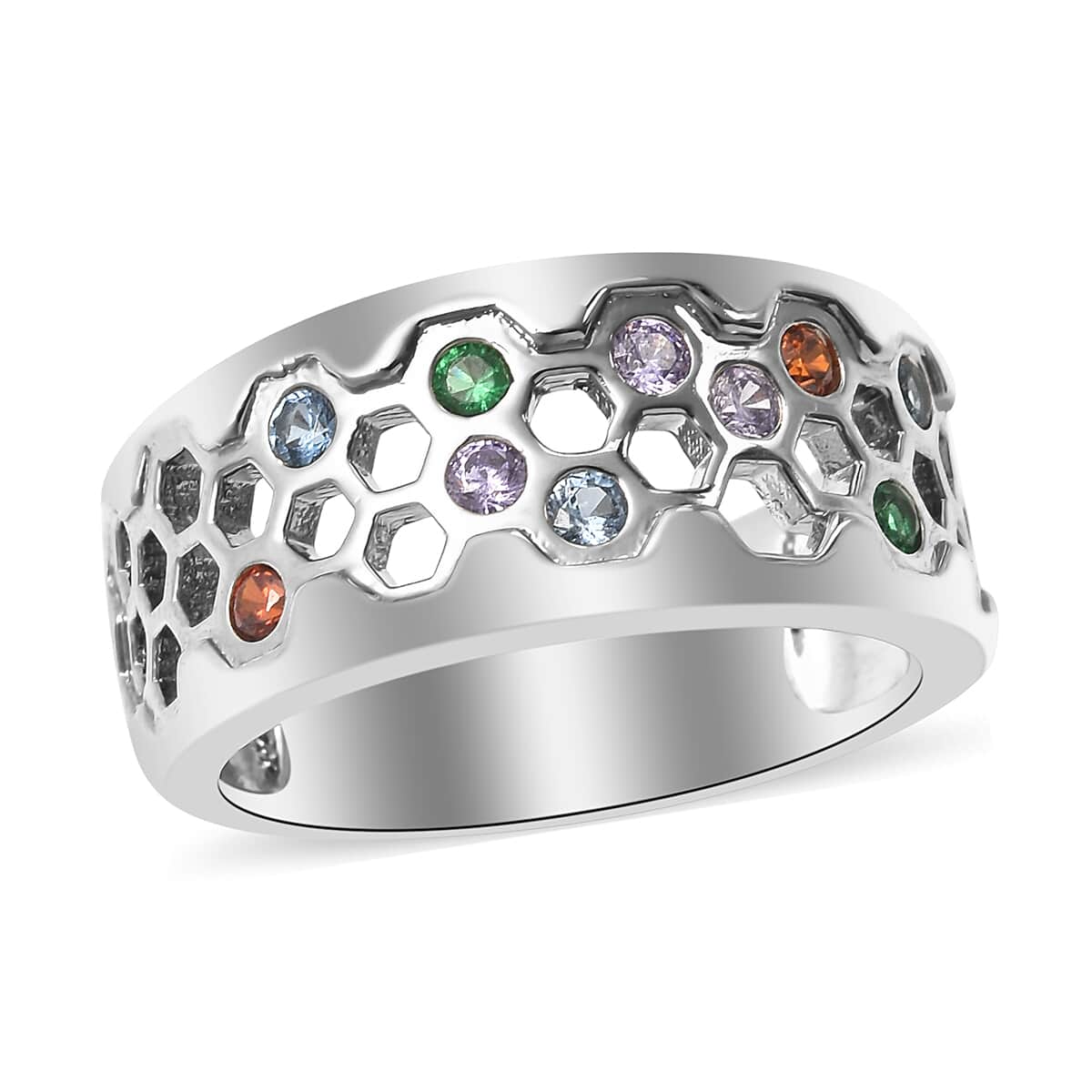 Simulated Multi Color Diamond Band Ring in Silvertone 0.40 ctw image number 0