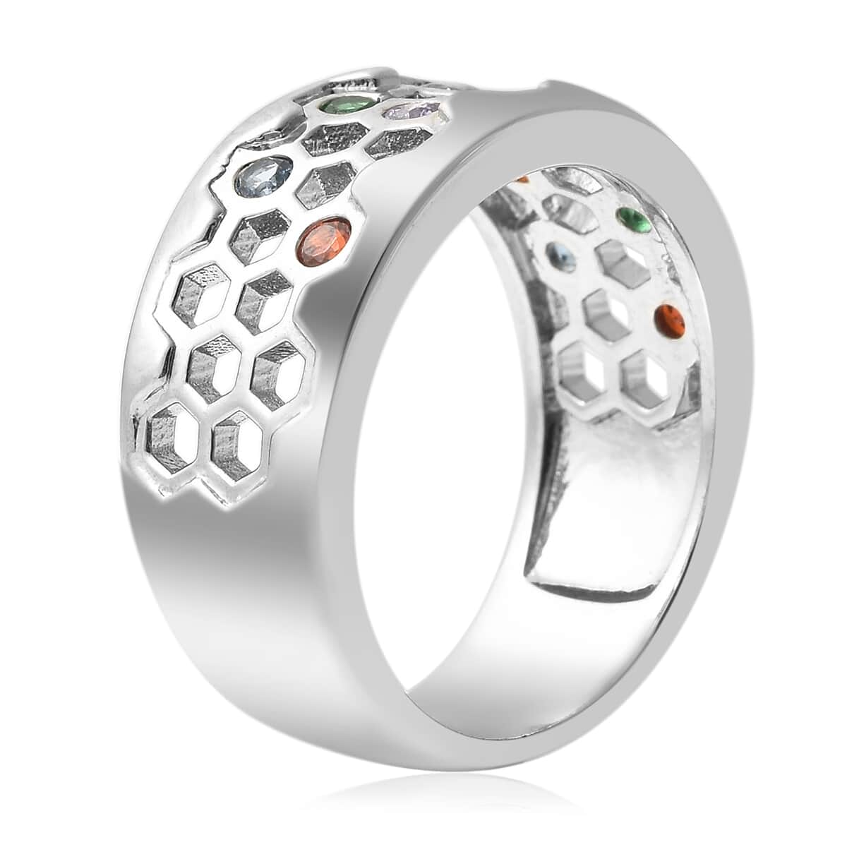 Simulated Multi Color Diamond Band Ring in Silvertone 0.40 ctw image number 3