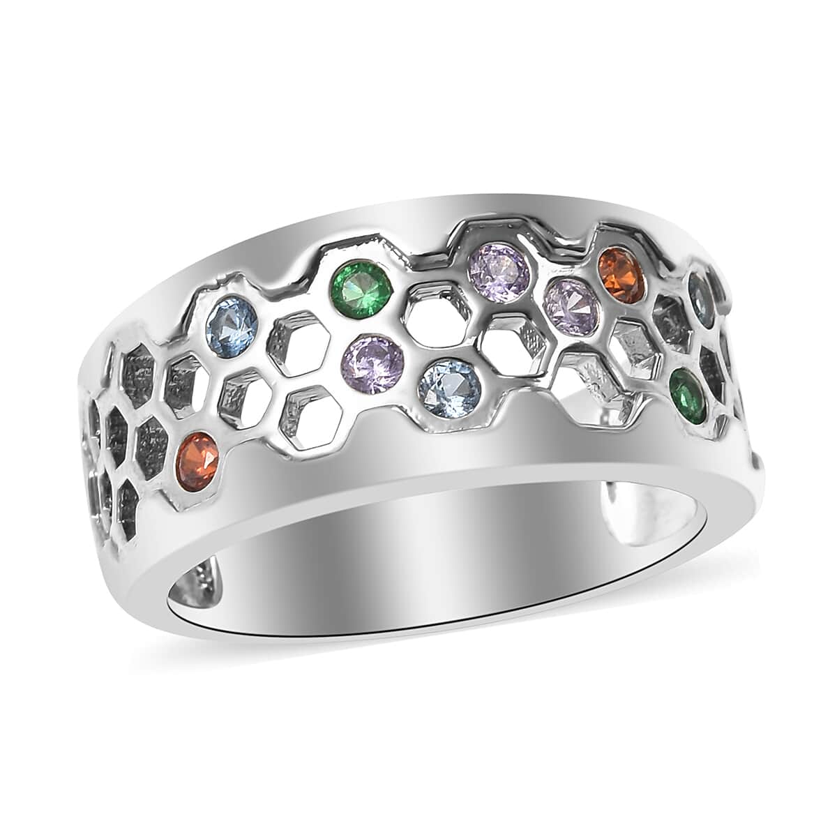 Simulated Multi Color Diamond Band Ring in Silvertone (Size 7.0) 0.44 ctw image number 0