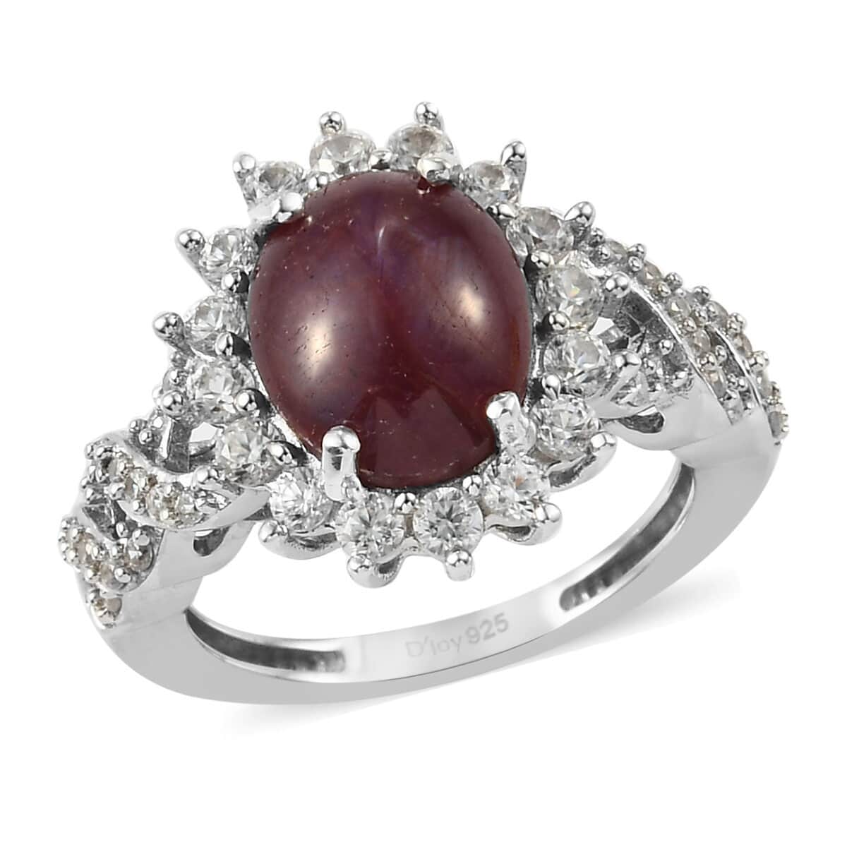 Indian Star Ruby and Natural White Zircon Sunburst Ring in Platinum Over Sterling Silver 5.75 ctw image number 0