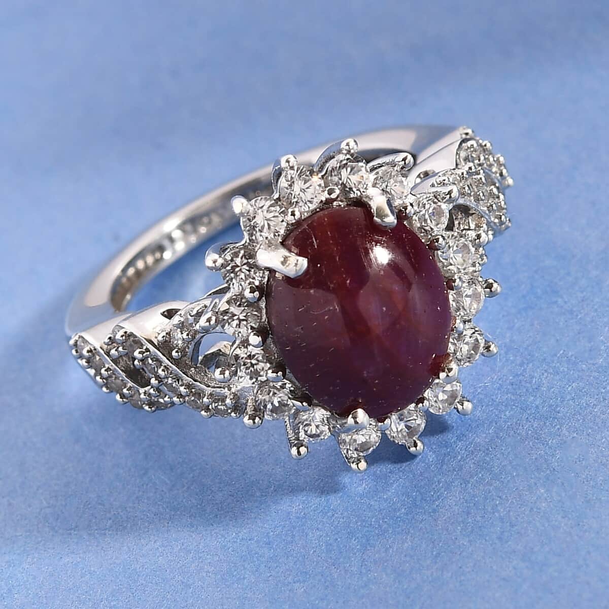 Indian Star Ruby and Natural White Zircon Sunburst Ring in Platinum Over Sterling Silver 5.75 ctw image number 1
