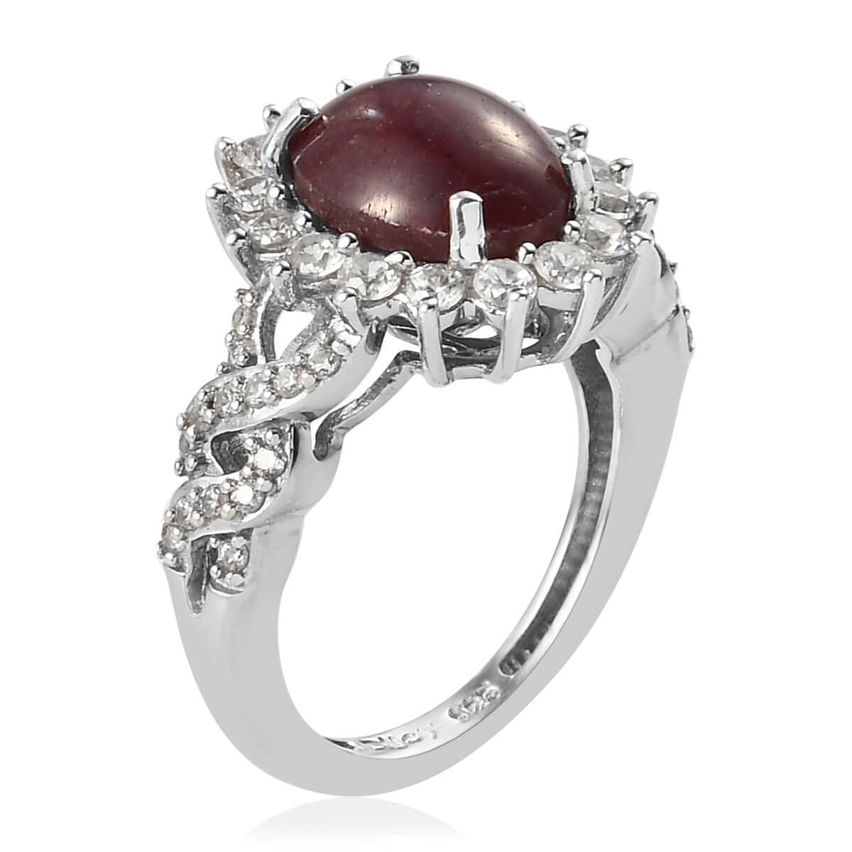 Indian Star Ruby and Natural White Zircon Sunburst Ring in Platinum Over Sterling Silver 5.75 ctw image number 3