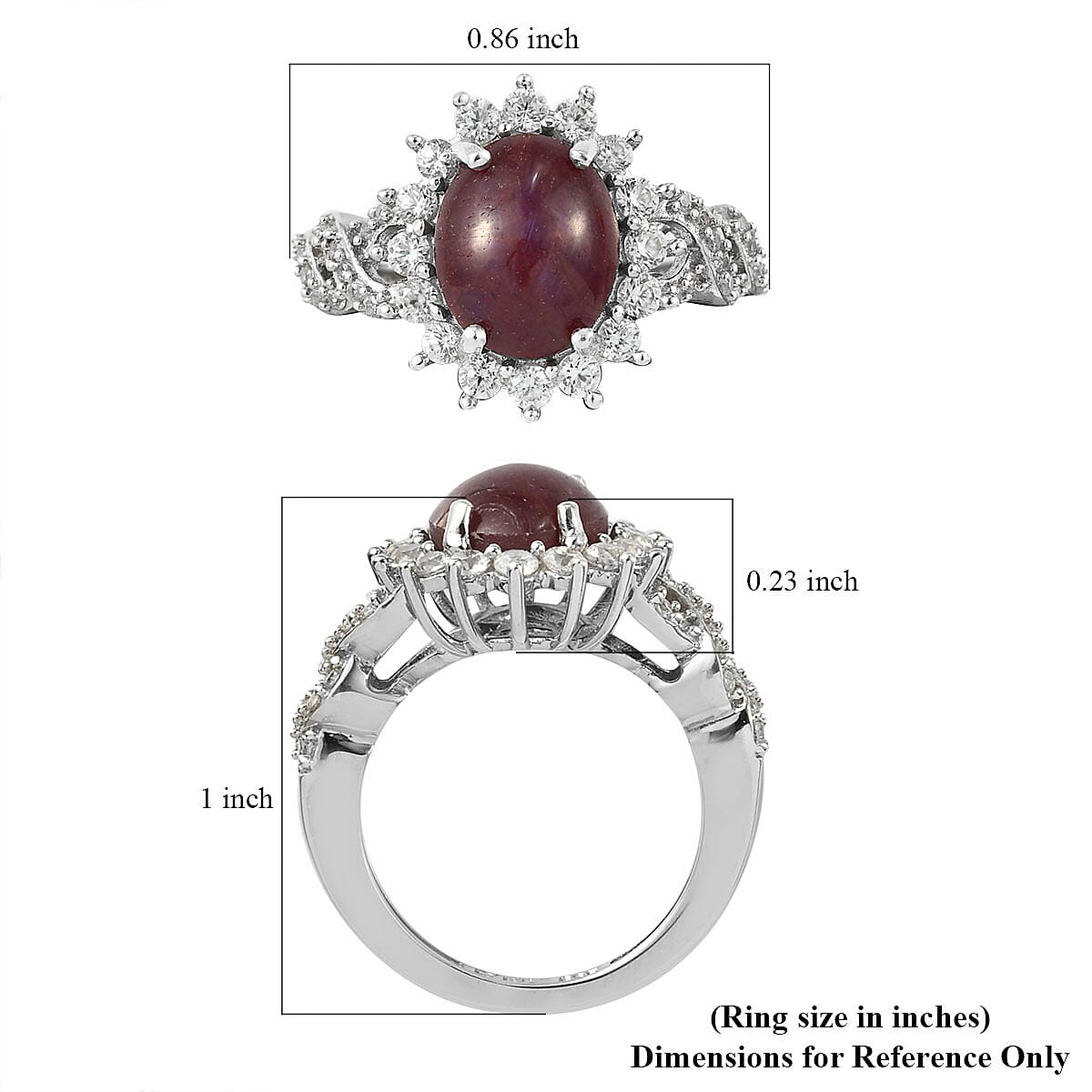 Indian Star Ruby and Natural White Zircon Sunburst Ring in Platinum Over Sterling Silver 5.75 ctw