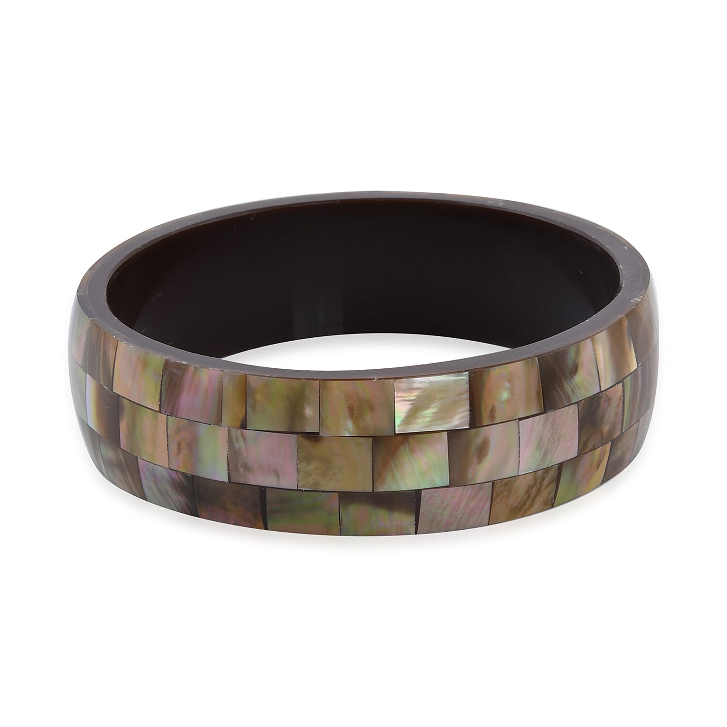 Handcrafted Mabe shell Inlay With Dark Brown Inner Resin Bangle Bracelet (7.50 in) and Earrings in Dualtone