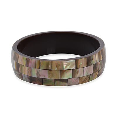 Handcrafted Mabe shell Inlay With Dark Brown Inner Resin Bangle Bracelet (7.50 in) and Earrings in Dualtone