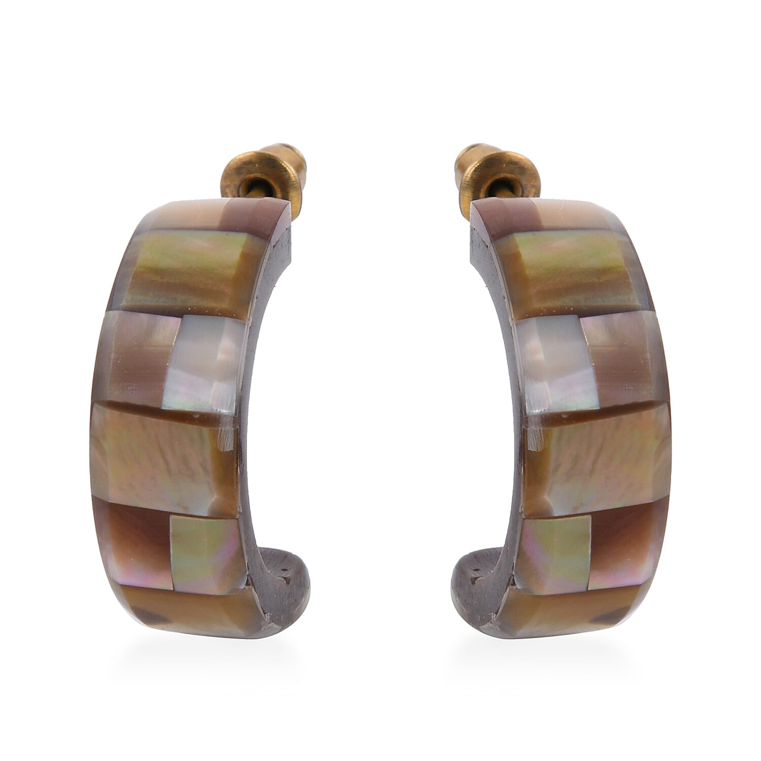 Handcrafted Mabe shell Inlay With Dark Brown Inner Resin Bangle Bracelet (7.50 in) and Earrings in Dualtone