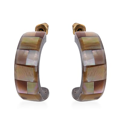 Handcrafted Mabe shell Inlay With Dark Brown Inner Resin Bangle Bracelet (7.50 in) and Earrings in Dualtone