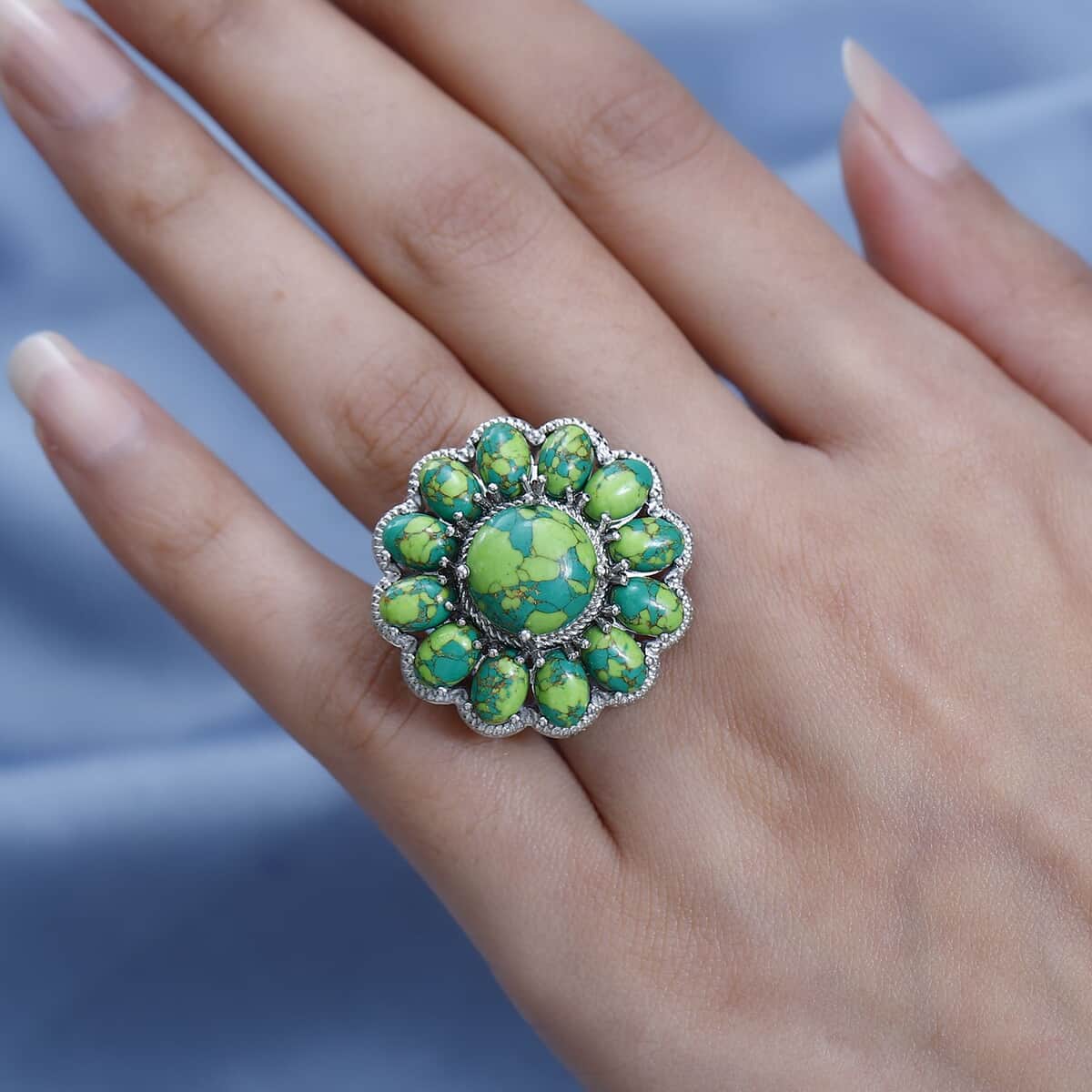 Karis Mojave Green Turquoise 16.35 ctw Floral Ring in Platinum Bond (Size 5.0) image number 2