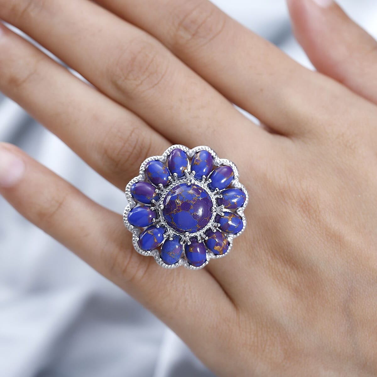 Karis Mojave Purple Turquoise 16.35 ctw Floral Ring in Platinum Bond (Size 6.0) image number 2
