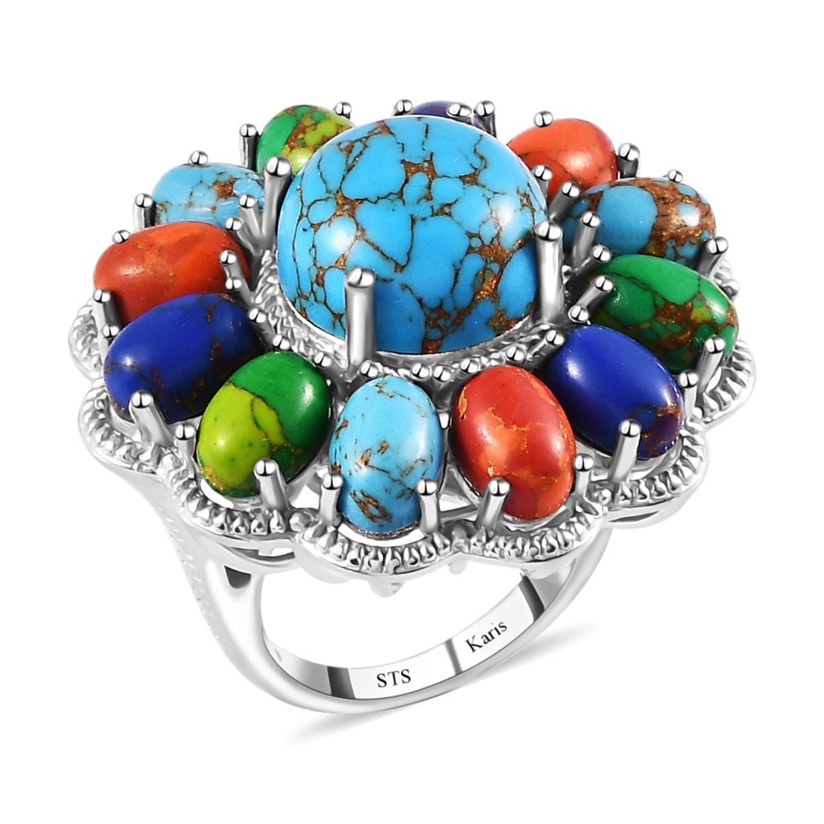 Karis Mojave Multi Color Turquoise 16.35 ctw Floral Ring in Platinum Bond (Size 6.0) image number 0