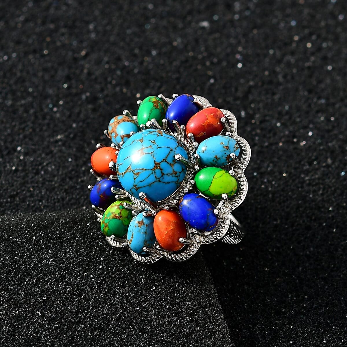 Karis Mojave Multi Color Turquoise 16.35 ctw Floral Ring in Platinum Bond (Size 6.0) image number 1