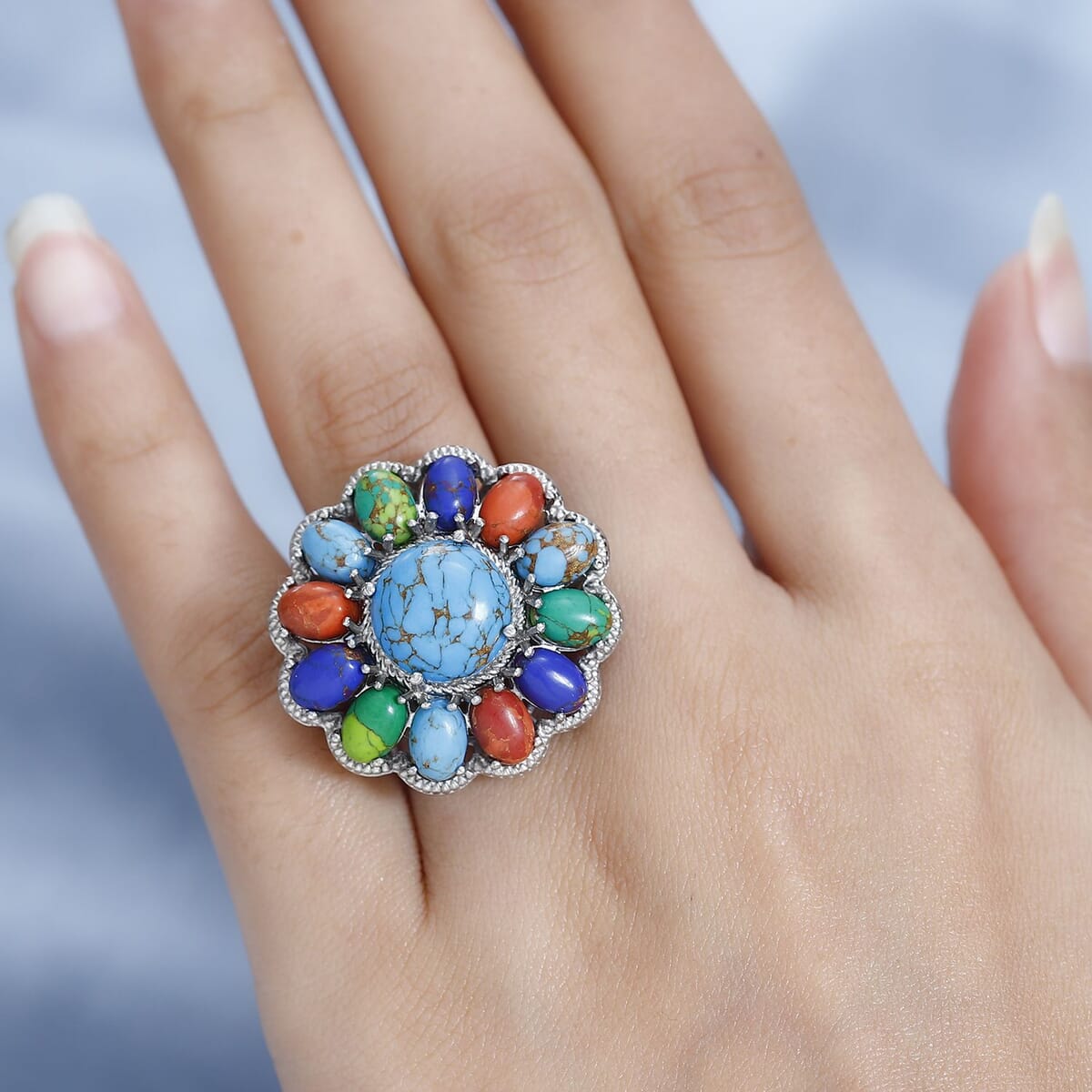 Karis Mojave Multi Color Turquoise 16.35 ctw Floral Ring in Platinum Bond (Size 6.0) image number 2