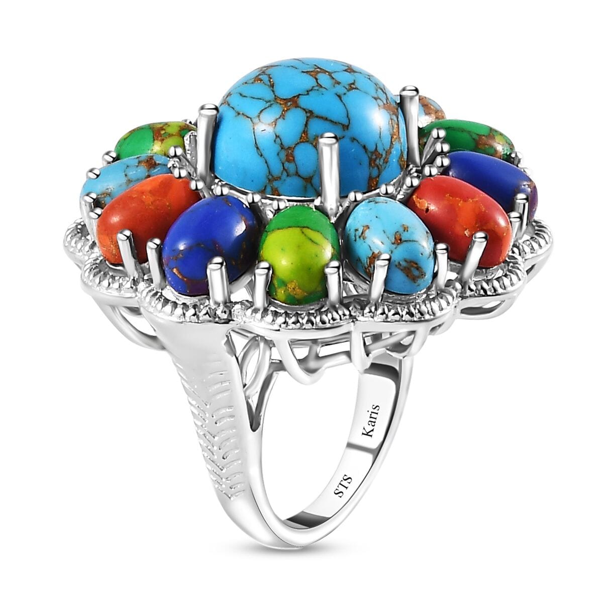 Karis Mojave Multi Color Turquoise 16.35 ctw Floral Ring in Platinum Bond (Size 6.0) image number 3