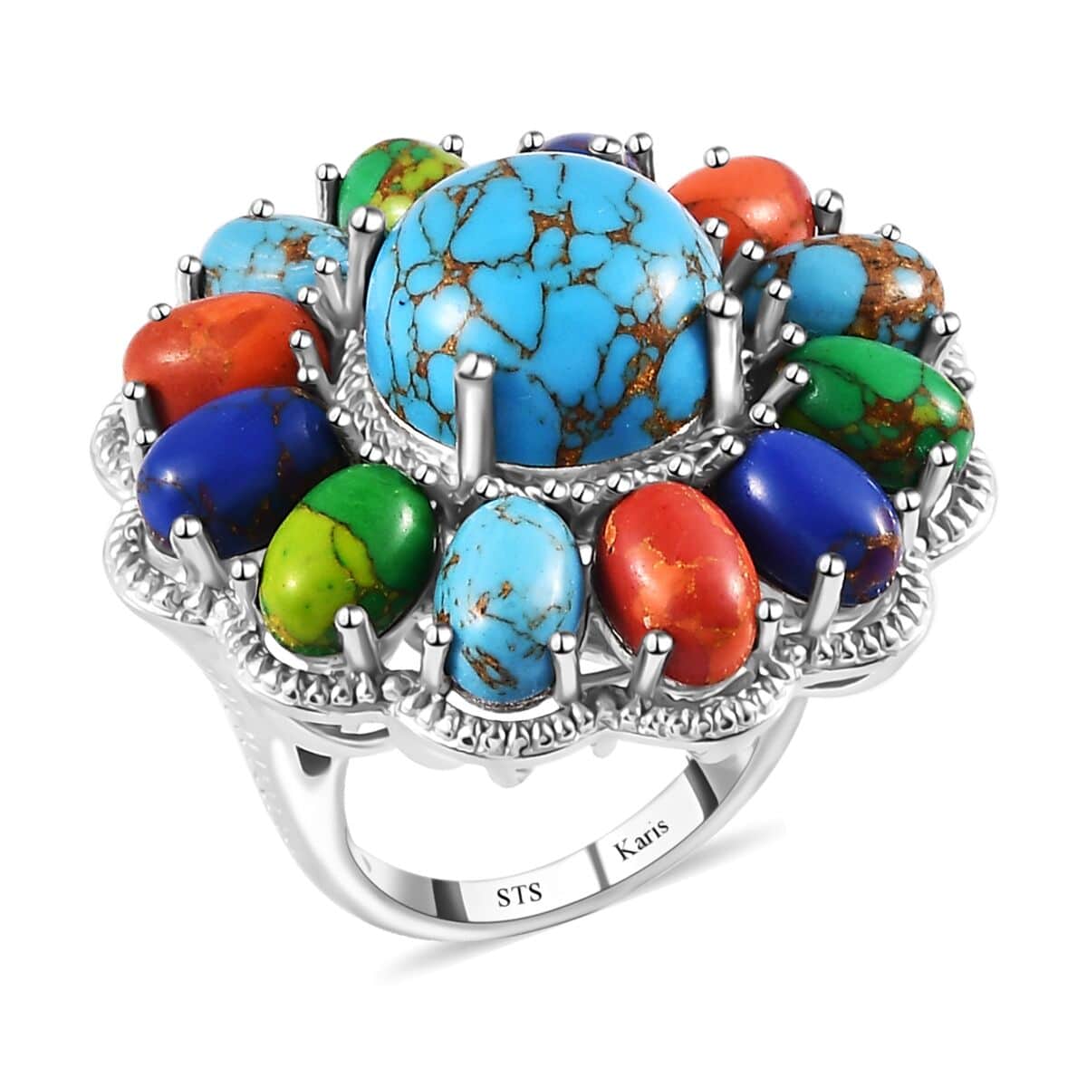 Karis Mojave Multi Color Turquoise Floral Ring in Platinum Bond (Size 7.0) 16.35 ctw image number 0