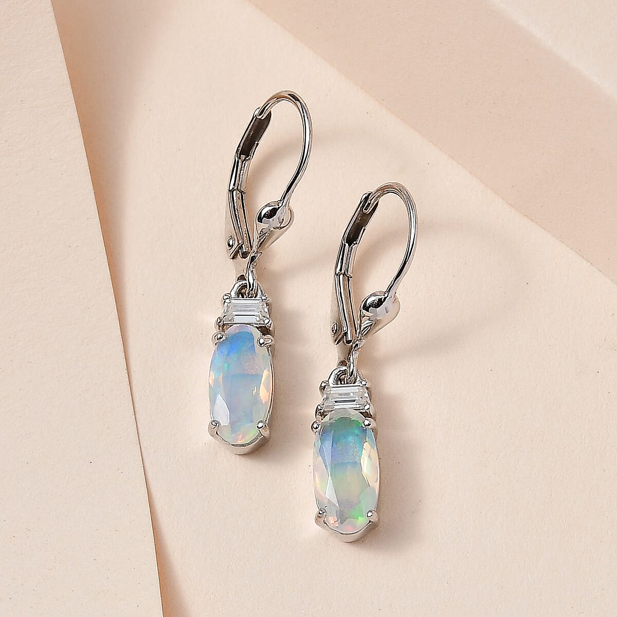 Premium Ethiopian Welo Opal and Moissanite Lever Back Earrings in Platinum Over Sterling Silver 1.40 ctw image number 1