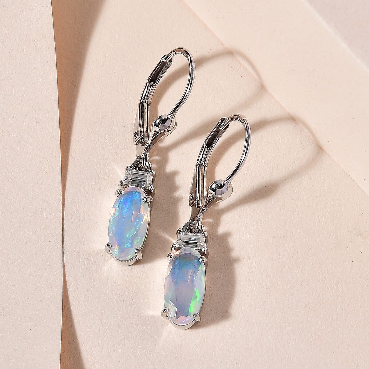 Premium Ethiopian Welo Opal and Moissanite Lever Back Earrings in Platinum Over Sterling Silver 1.40 ctw image number 2