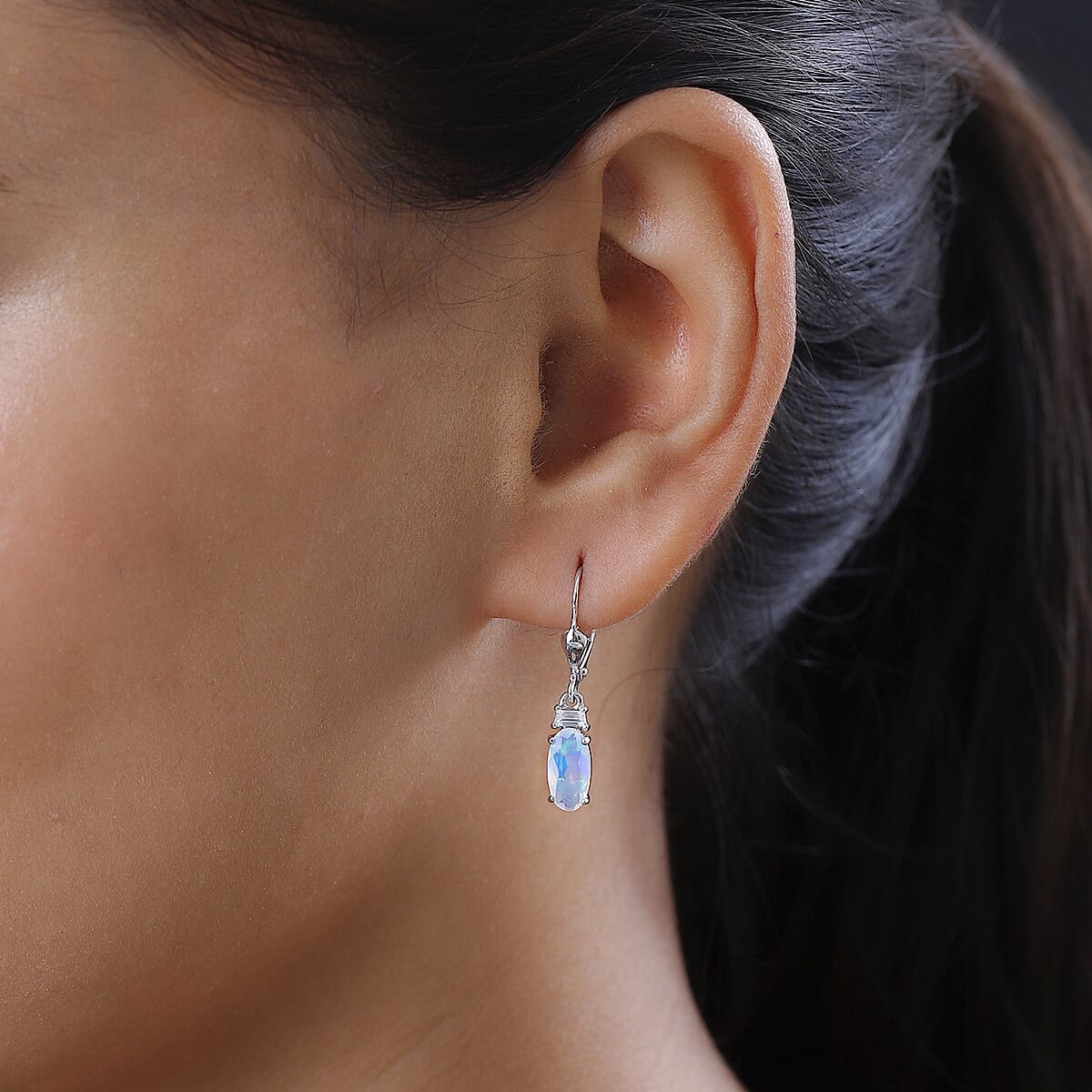 Premium Ethiopian Welo Opal and Moissanite Lever Back Earrings in Platinum Over Sterling Silver 1.40 ctw image number 3