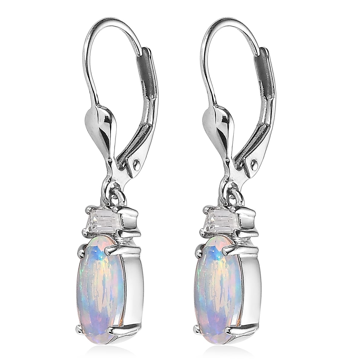 Premium Ethiopian Welo Opal and Moissanite Lever Back Earrings in Platinum Over Sterling Silver 1.40 ctw image number 4