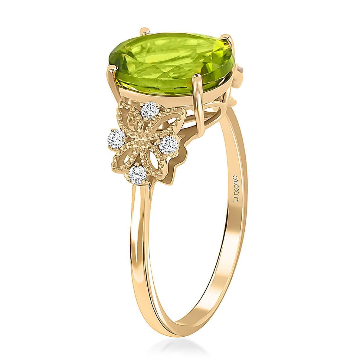 Certified and Appraised Luxoro 10K Yellow Gold AAA Peridot and I1 Diamond Ring (Size 10.0) 4.20 ctw image number 3