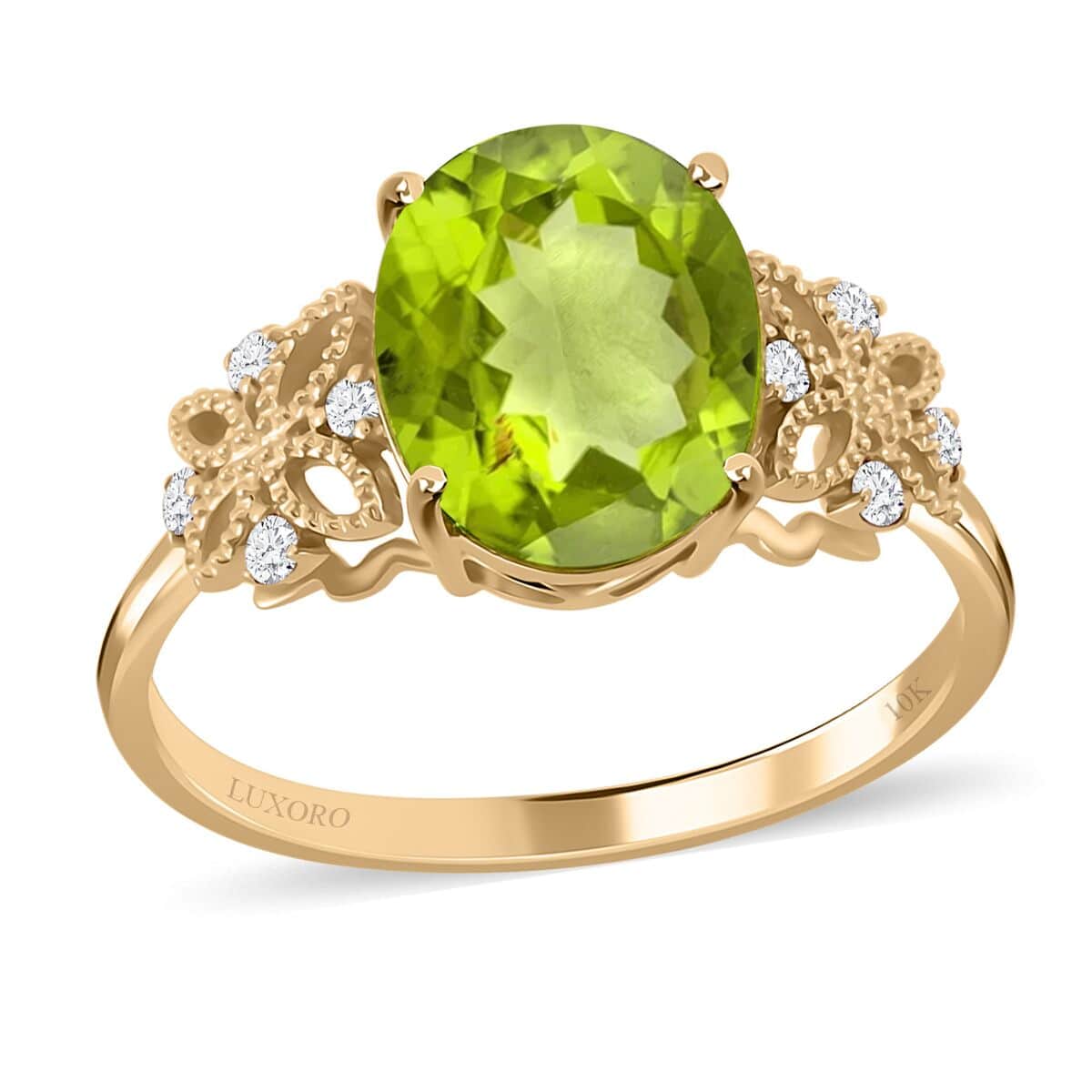 Certified and Appraised Luxoro 10K Yellow Gold AAA Peridot and I1 Diamond Ring (Size 6.0) 4.20 ctw image number 0