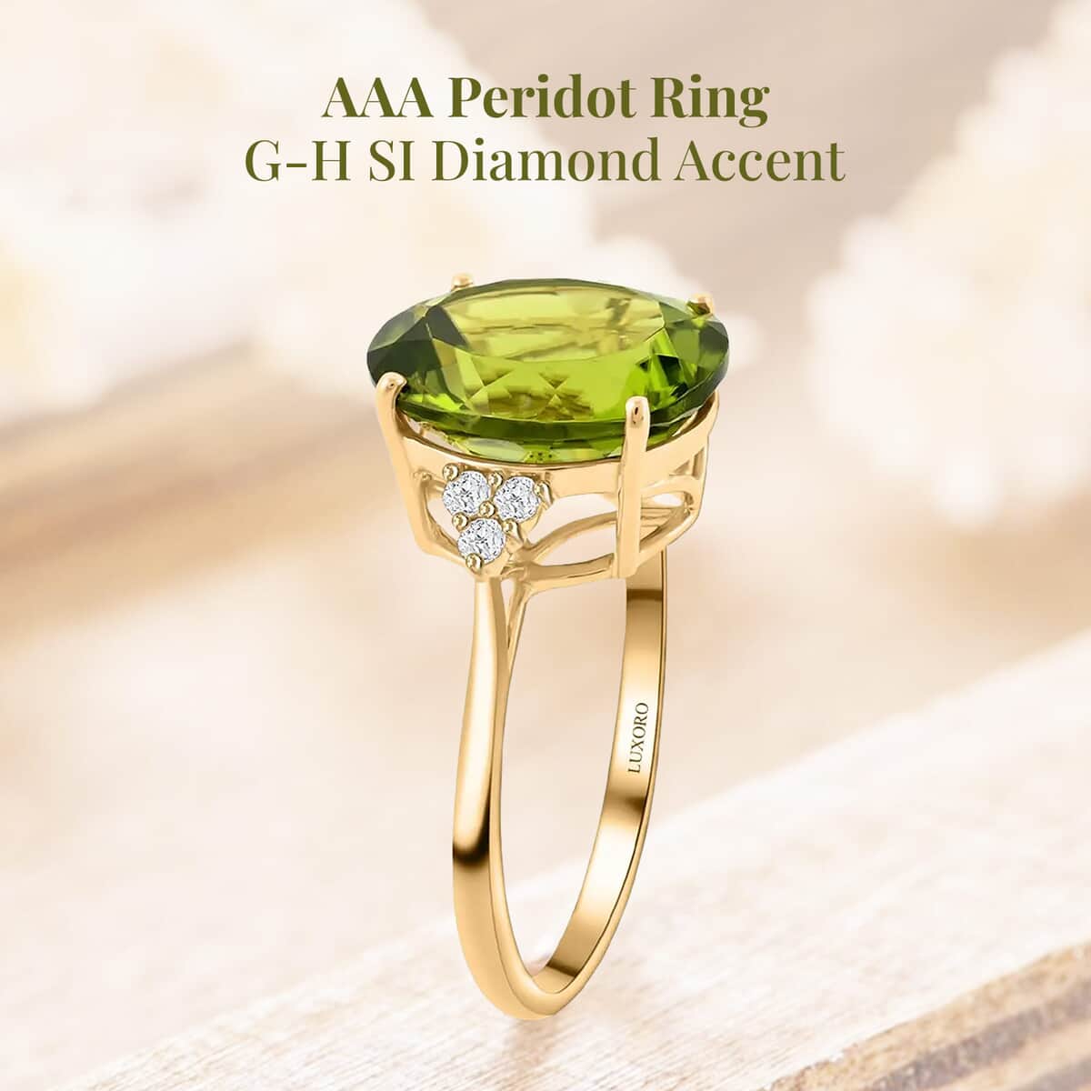 Certified & Appraised Luxoro AAA Peridot and G-H SI Diamond 5.05 ctw Ring in 10K Yellow Gold (Size 6.0) image number 2