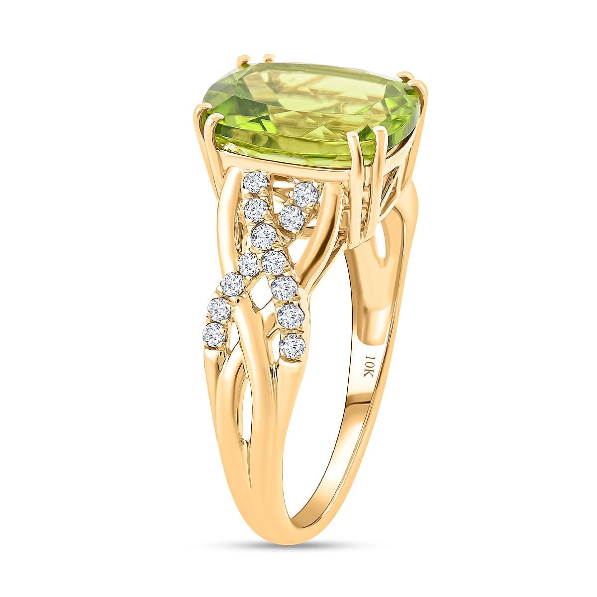 Certified and Appraised Luxoro 10K Yellow Gold AAA Peridot and G-H SI Diamond Ring (Size 8.0) 4.50 ctw image number 3