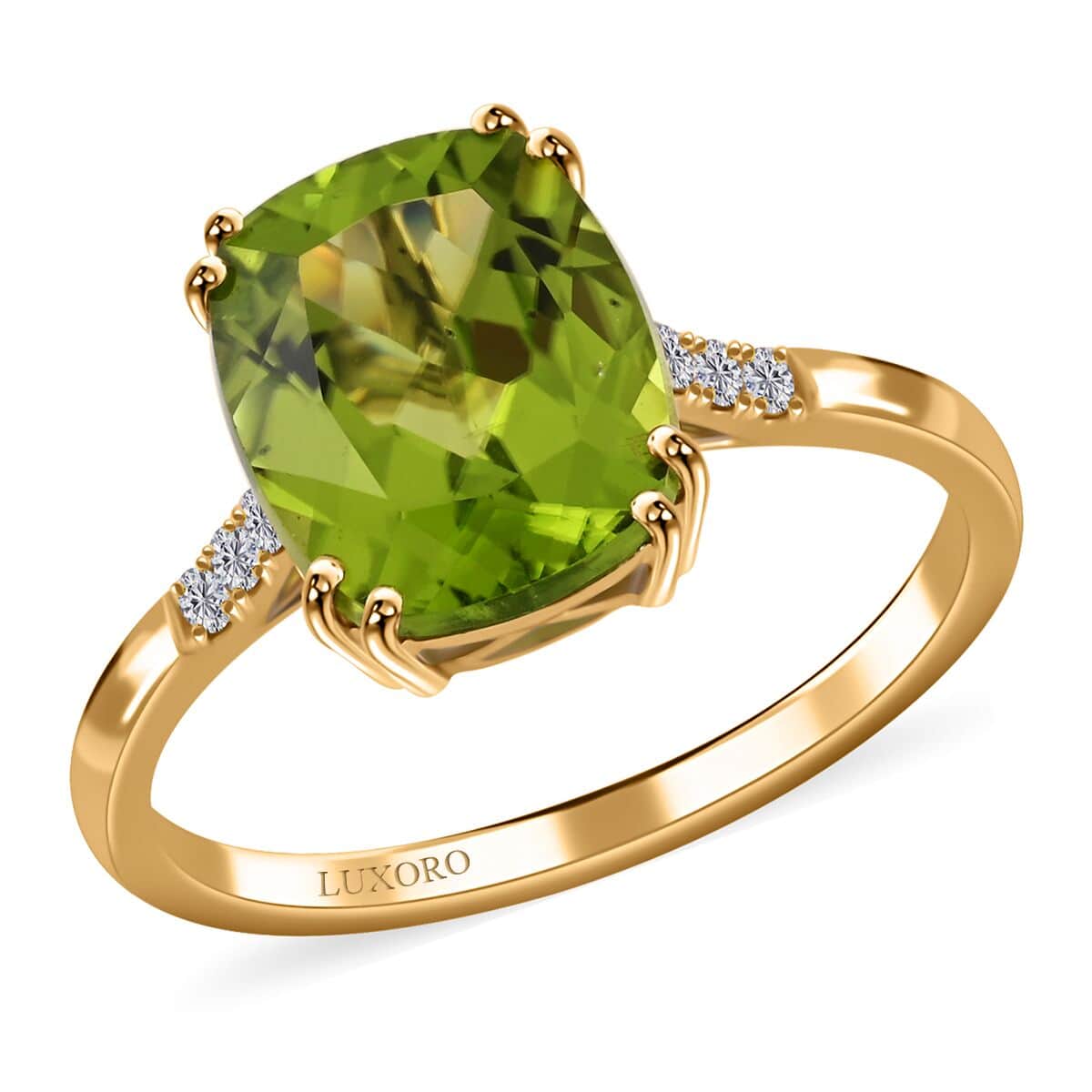 Certified & Appraised Luxoro 10K Yellow Gold AAA Peridot and G-H SI Diamond Ring 4.35 ctw image number 0