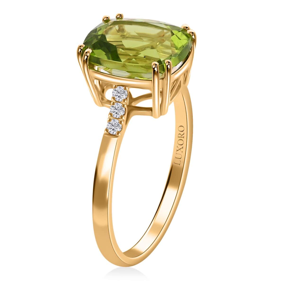 Certified & Appraised Luxoro 10K Yellow Gold AAA Peridot and G-H SI Diamond Ring 4.35 ctw image number 3