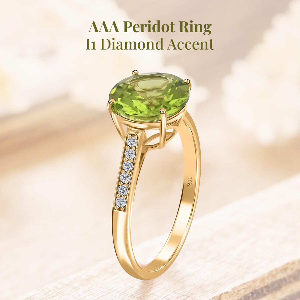 Certified and Appraised Luxoro AAA Peridot and I1 Diamond 4.20 ctw Ring in 10K Yellow Gold (Size 7.0) image number 2
