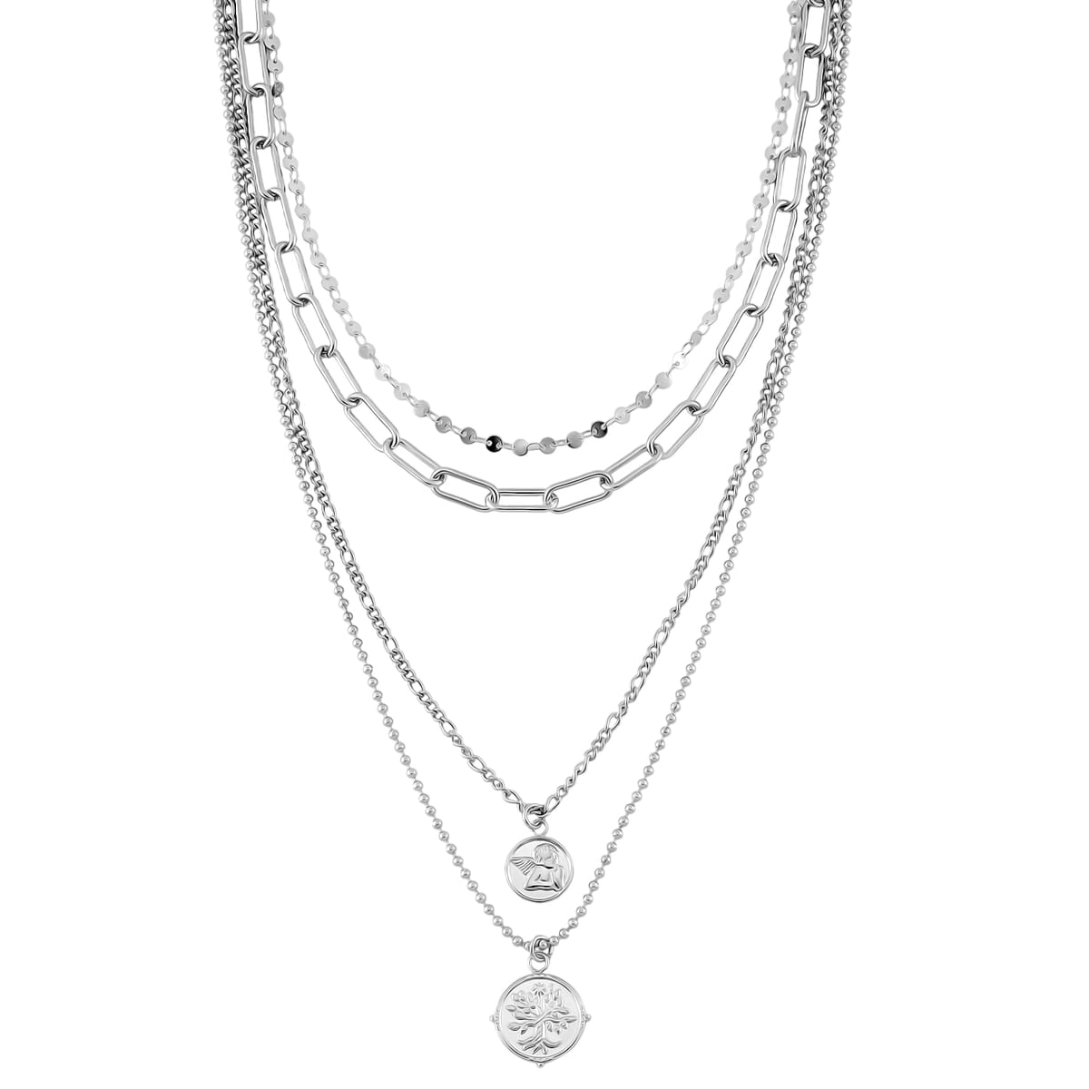 Set of 4 Multi Strand Coin Charm Link Chain Necklace (16, 18, 20, 22 Inches) in Stainless Steel image number 0