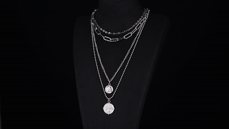 Set of 4 Multi Strand Coin Charm Link Chain Necklace (16, 18, 20, 22 Inches) in Stainless Steel