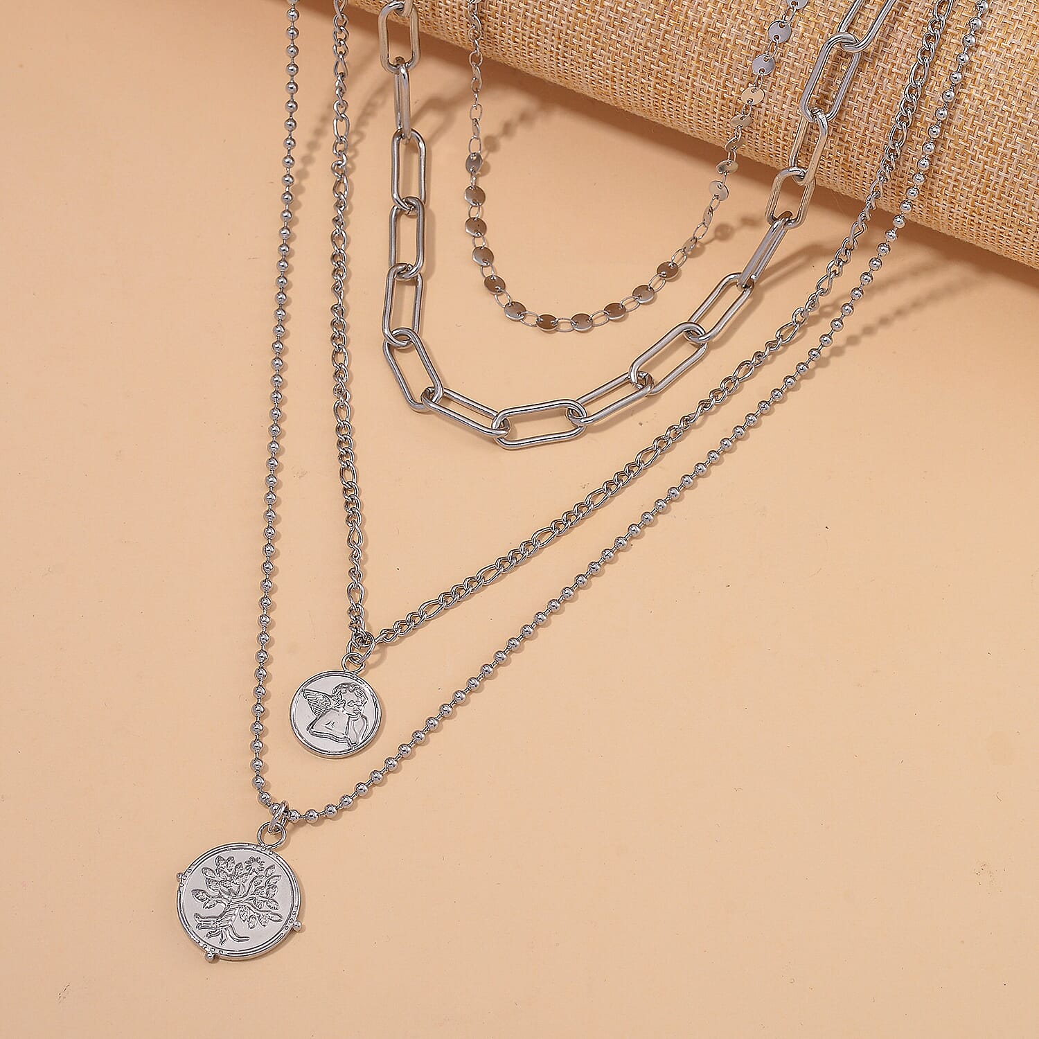 Set of 4 Multi Strand Coin Charm Link Chain Necklace 16, 18, 20, 22 Inches in Stainless Steel