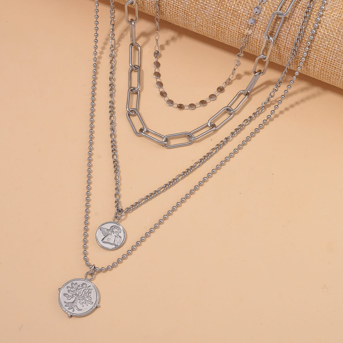 Set of 4 Multi Strand Coin Charm Link Chain Necklace (16, 18, 20, 22 Inches) in Stainless Steel image number 1
