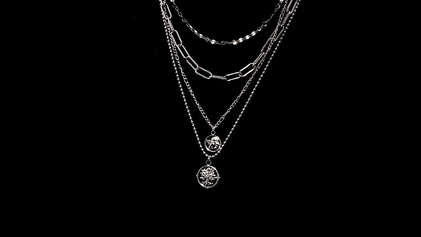 Set of 4 Multi Strand Coin Charm Link Chain Necklace (16, 18, 20, 22 Inches) in Stainless Steel